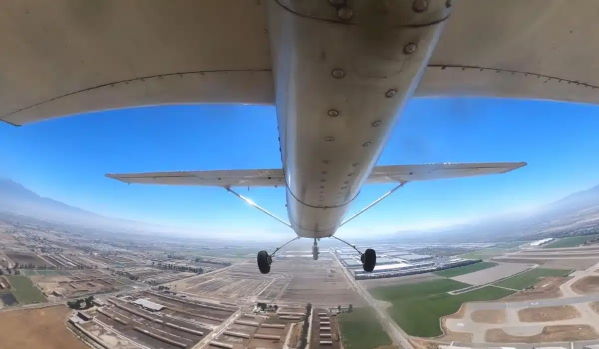 View from beneath a DuBois Aviation airplane flying above the Chino area
